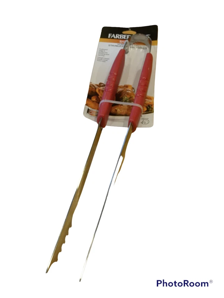 Farberware Nuevo Barbacoa 16" Acero Inoxidable Pinzas Borde Festoneado Manijas Rojas Foto 1 de 4