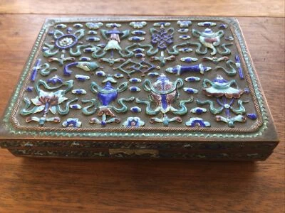 Antigua caja de metal dorado esmalte azul cobalto filigrana exportación china c1900 Foto 1 de 4