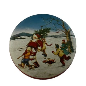 Christmas Round Metal Tin Santa Children Dogs 3” Holiday Trinket Display Small - Picture 1 of 12