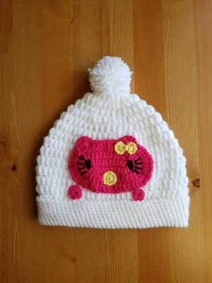 Baby girl hat, Crochet, Hello Kitty, Baby bobble hat,Baby beanie, 1 year, White  - Image 1 of 2