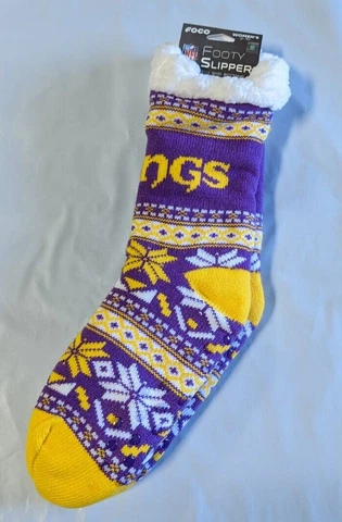 Minnesota Vikings Women's Fair Aisle Tall Logo Footy Slippers Size 6-10 Non Skid Cover