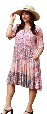 Nwt SACRED THREADS floral bohemian funky hippie rayon tier DRESS L Free shipping - Image 1 of 4