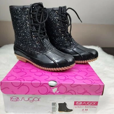 Nuevas BOTAS DE LLUVIA PARA MUJER AZÚCAR NEGRO BRILLO PATRÓN Talla 6M Con cordones Pato Goma Foto 1 de 4