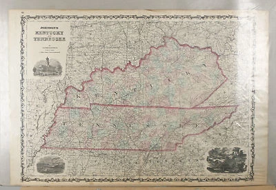 Mapa de Kentucky/Tennessee Johnson & Browning de la década de 1860 Foto 1 de 2