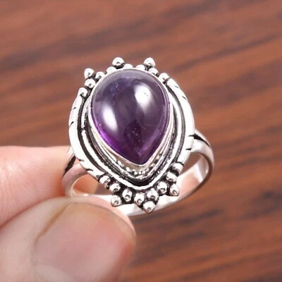 Natural Purple Amethyst Pear Gemstone 925 Sterling Silver Women's Ring Boho Ring - Image 1 of 4