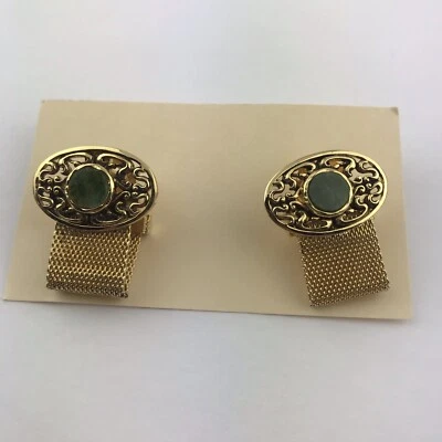 Gemelos de Colección Tono Dorado Malla Envoltura Piedra Verde Hombre’s Foto 1 de 4