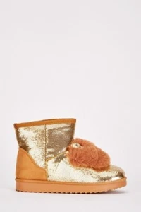NEW in Box GOLD SPARKLY SEQUIN & BOBBLE Fleece LINED Winter Ankle Boots Size 7 - Picture 1 of 1
