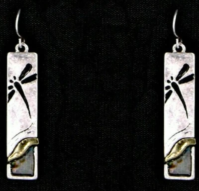 Pendientes Gancho Pez Libélula Usados Tono Plata Rectangular Shell Accen y Caja de Regalo Foto 1 de 2