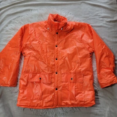 Vintage Duck Bay Mens Size Medium Orange Hooded PVC Fleece Lined Hunting Jacket  - Image 1 of 4