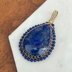 Estate Large 14K Yellow Gold Teardrop Blue Lapis Beaded Design Pendant Handmade - Picture 1 of 8