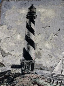 Leuchtturm Gobelin Überwurf Decke Meer Ozean 54" x 46" mit Fransen 100% Baumwolle - Bild 1 von 3