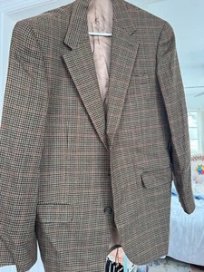 VTG CHAPS Ralph Lauren40R Brown Houndstooth Check Wool Tweed Blazer Jacket 2 Bt - Picture 1 of 7