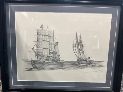 De colección Dibujo Grafito Barcos Náuticos Vela Arte Firmado Lawrence Packard Limited Foto 1 de 4