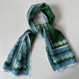 Vintage Green Blue Wave Border Oblong Scarf 41” Maximalist Mod Print No Tag - Picture 1 of 10