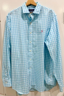 Polo by Ralph Lauren Regent Blue Plaid Dress Shirt Pink Pony Mens XL Ex Cond - Image 1 of 3