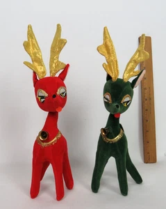 2 Vintage 1965 Kamar Japan rot & grün beflockte Hirsch GLOCKEN 10 1/4 ZOLL HOCH - Bild 1 von 21