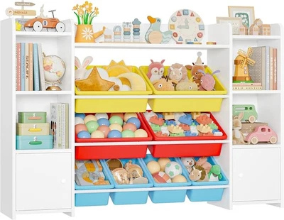 Kids Toy Storage Unit with 8 Boxes & Shelves – Yellow+Red Bookcase Organizer - Image 1 of 4