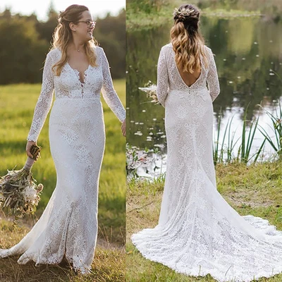 Long Sleeves Mermaid White Wedding Dresses V-Neck Backless Boho Bridal Gowns - Image 1 of 4