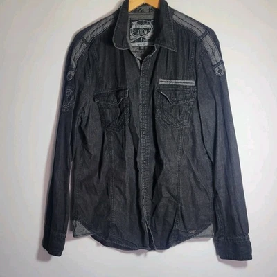 Camisa masculina manga longa fivela etiqueta preta ocidental frente de pressão G preta - Imagem 1 de 4