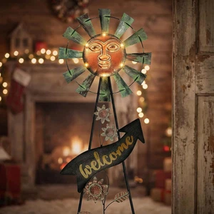 Solar Wind Spinner Yard Art Sign Metal Sun Face Windmill Garden Stake Lawn Decor - Picture 1 of 9