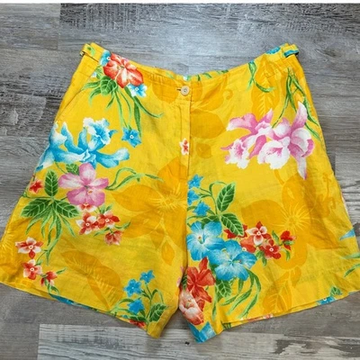 Pantalones Cortos Vintage Años 90 Lauren Ralph Lauren Amarillo Lino Floral Tiro Alto Pequeño 6P Foto 1 de 4