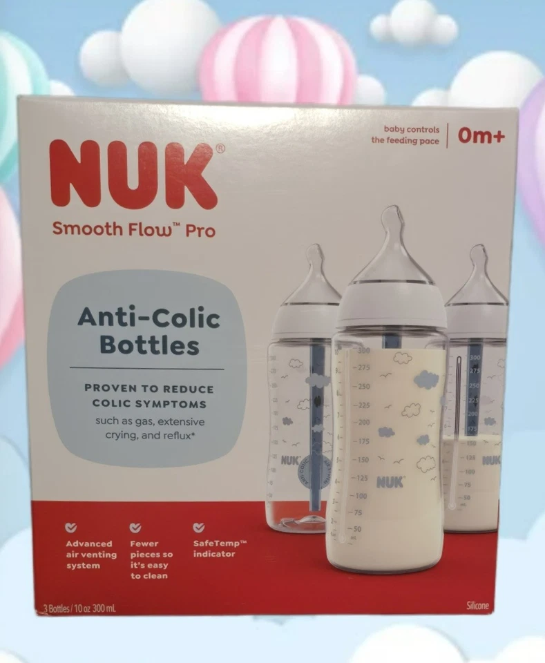 🍼 Botellas anticólicos NUK Smooth Flow Pro - 10 oz - Paquete de 3 - 0 m+ - ¡Nuevas en caja! Foto 1 de 1