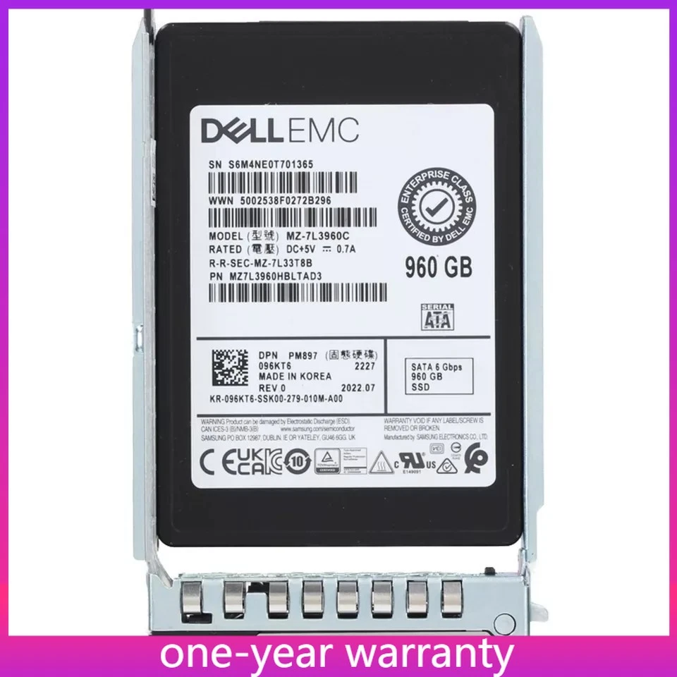 96KT6 096KT6 Dell EMC 960GB 6Gbps SATA MU TLC 2.5'SolidState Drive 14/15/16G kit - Image 1 of 4