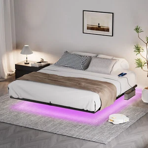 Floating Bed Frame King Size with LED Lights & charging station, Metal Platform - Picture 1 of 12