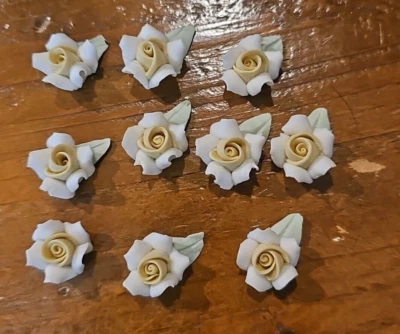 10 Large White/Yellow Ceramic Roses Porcelain Flower Cameos & leaf Cabochon 1" - Image 1 of 4