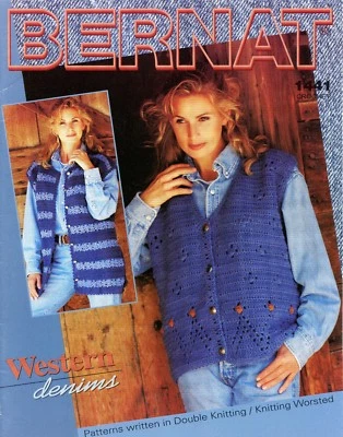 Western Denims Crochet Patterns - Bernat Book No. 1441 - 3 Vest Designs 38"-54" - Image 1 of 2