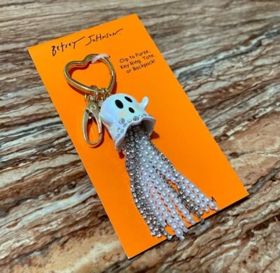 Betsey Johnson Dorado Blanco Cristal Fantasma Cuentas Borla Llavero Bolso Dije Foto 1 de 4