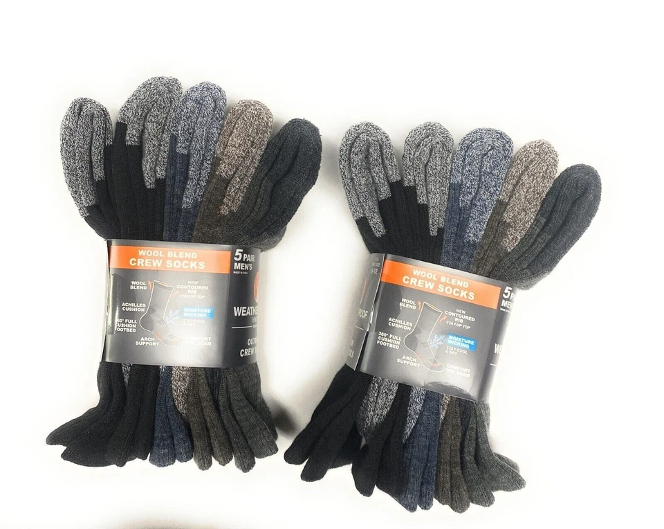 Weatherproof Men's Crew Socks Wool Blend 10 Pairs, Shoe Size 6-12 Multi color - Image 1 of 3