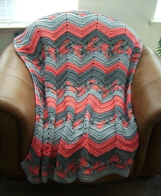  NEW HAND CROCHET RIPPLE GRAY AND PAPAYA MULTI AFGHAN LAP BLANKET THROW - Image 1 of 4