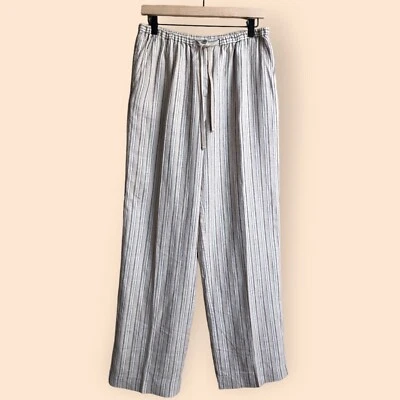 Kate Hill Casual Striped Linen Trouser Pants Neutral Natural Women’s Medium - Image 1 of 4