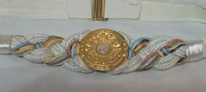 VTG 80s 90s Adjustable Belt - White Braided Cloth w/Gold Tone Medallion Sz S/Med - Picture 1 of 4