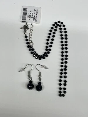 "Juego de pendientes de perlas de turmalina collar de cadena de acero inoxidable de cristal negro de 18"" NUEVO Foto 1 de 4