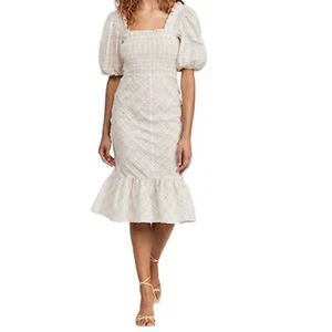 Ganni Searsucker Multi Color Smocked  Dress Check Plaid Size 44 US 12 - Picture 1 of 8