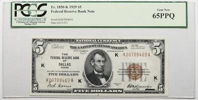 1929 $5 FRBN Dallas PCGS Currency Gem New 65 PPQ Fr. 1850-K - Image 1 of 2