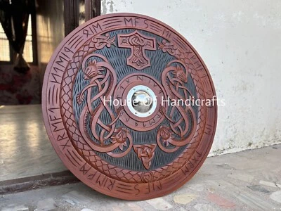wooden carved vikings round shield 40  inches brown viking ,medieva - Image 1 of 4