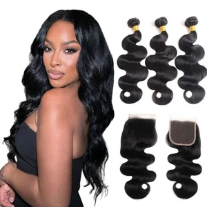 Body Wave Bundles with Closure Human Hair 16in 4x4 Lace Closure with 18"18"18" - Picture 1 of 11