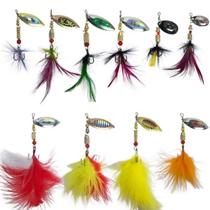 10 Fishing Spinners Lures Trout Salmon Feather Pike Perch with Treble Hook Case - Picture 1 of 24