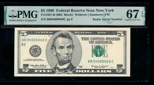 AC 1999 $5 New York FRN radar/binary serial BB04000040C PMG 66EPQ Fr 1987-B - Picture 1 of 2