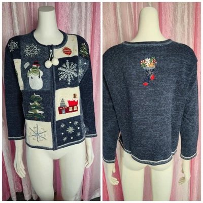 Casual Corner Vintage Blue Christmas Beaded  Cardigan Sweater Size Small Petite  - Image 1 of 4