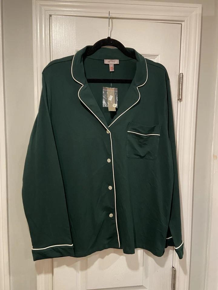 NUEVO CON ETIQUETAS J. Top de pijama de algodón con botones manga larga blanco verde bosque talla L Crew Foto 1 de 4
