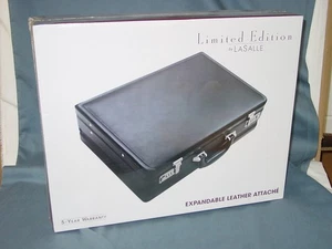 LASALLE Expandable BLACK LEATHER BRIEFCASE ATTACHE CASE - NEW IN BOX - Picture 1 of 3
