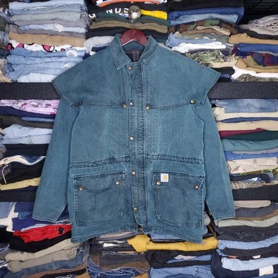 复古 90 年代 Carhartt 夹克 CW043 Cape Duster 大衣 猎人 绿色 大号 24 x 32 — 第 1/4 张图片