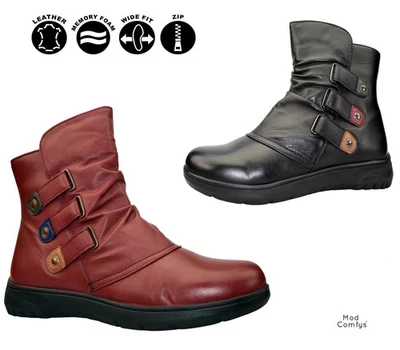 Womens Leather Casual Memory Foam Wide EE Fit Ladies Zip Ankle Boots Shoes Size - Image 1 of 4