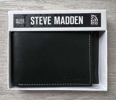 Steve Madden Mens Billfold Black Wallet With Back ID RFID NEW - Image 1 of 4