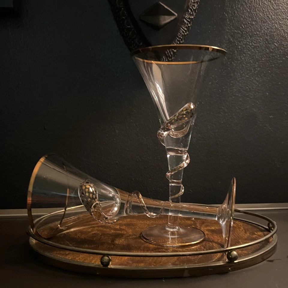 Pair Of Vintage Motte Glas Cleopatra Snake Stem Glasses Czech Republic Gold - Image 1 of 4