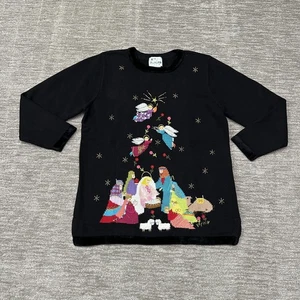 Quacker Factory Sweater Womens Large Black Nativity Angel Christmas Embroidered - Picture 1 of 10